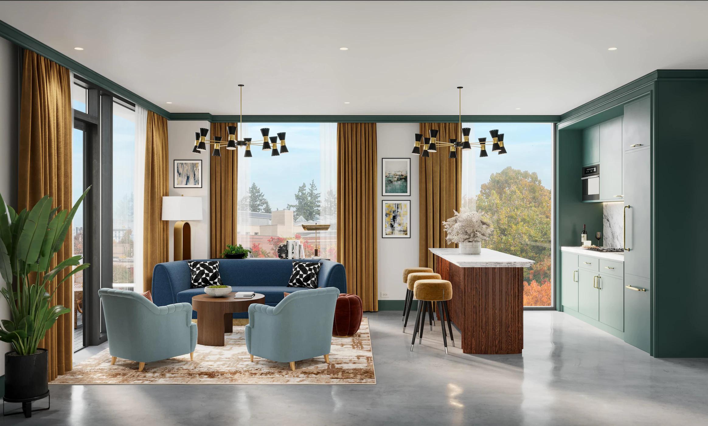 An interior rendering of an Alum Eugene condo with elegant furniture, big windows and classic, yet modern, interior design. 