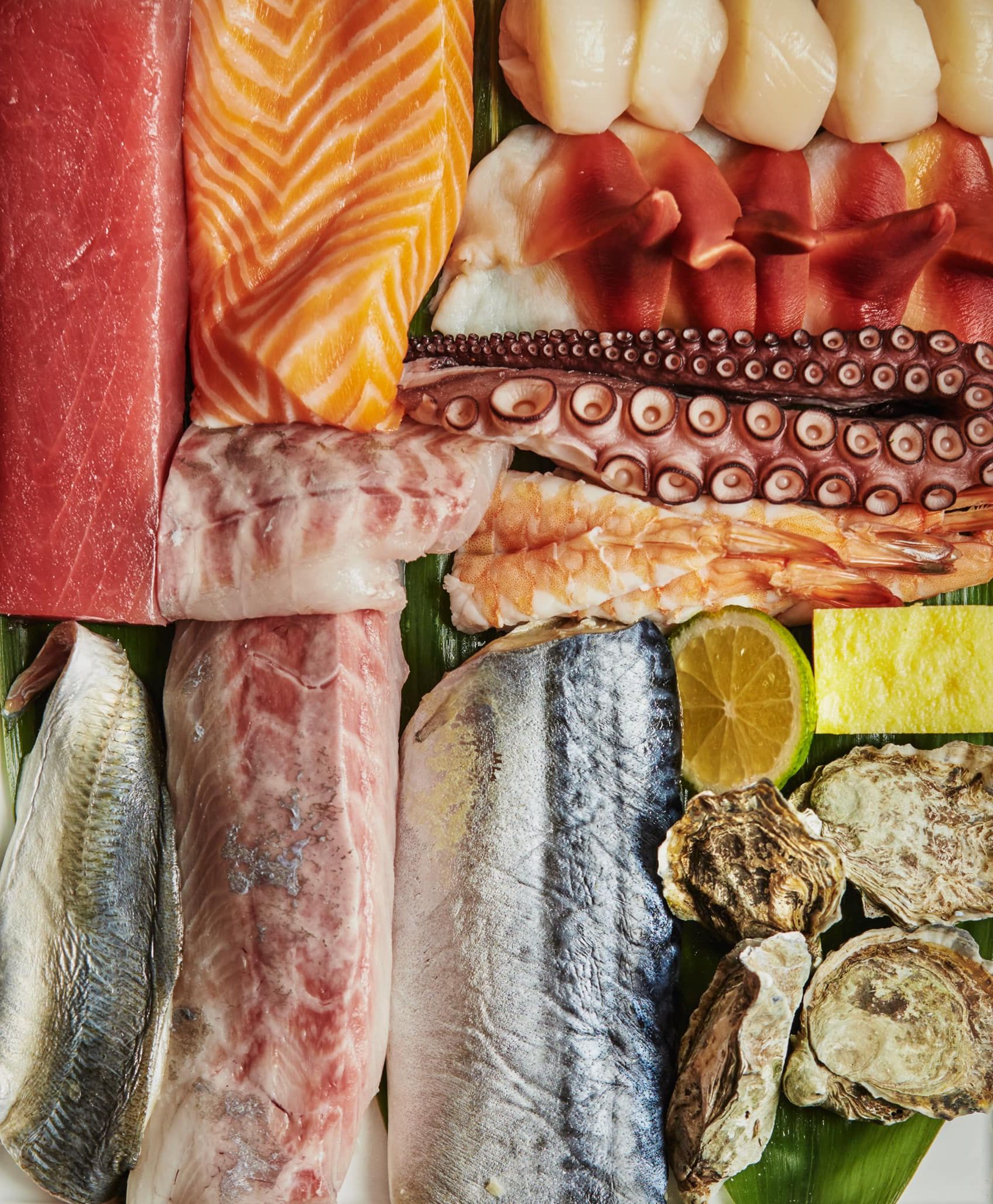 A close up of an assortment of sashimi. 