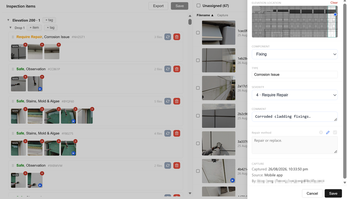 Screenshot of inspection item details panel with photos and defect data
