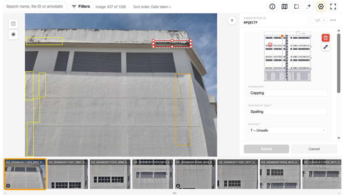 Screenshot of facade inspection software showing annotated defects on a building elevation