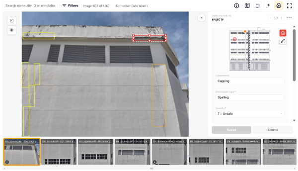 Screenshot of facade inspection software showing annotated defects on a building elevation