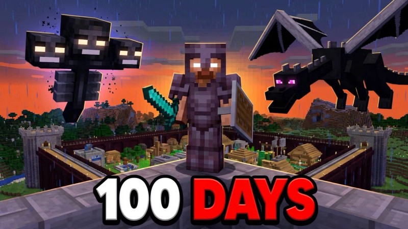 My Minecraft character in full netherite armor standing in front of a massive base I built, with the Wither on one side and the Ender Dragon on the other. Big '100 Days' text at the bottom.