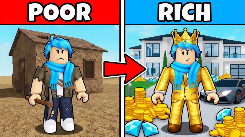Split thumbnail showing my Roblox avatar going from poor to rich. Left side in rags outside a shack, right side in a gold suit with a crown, mansion, and stacks of coins.