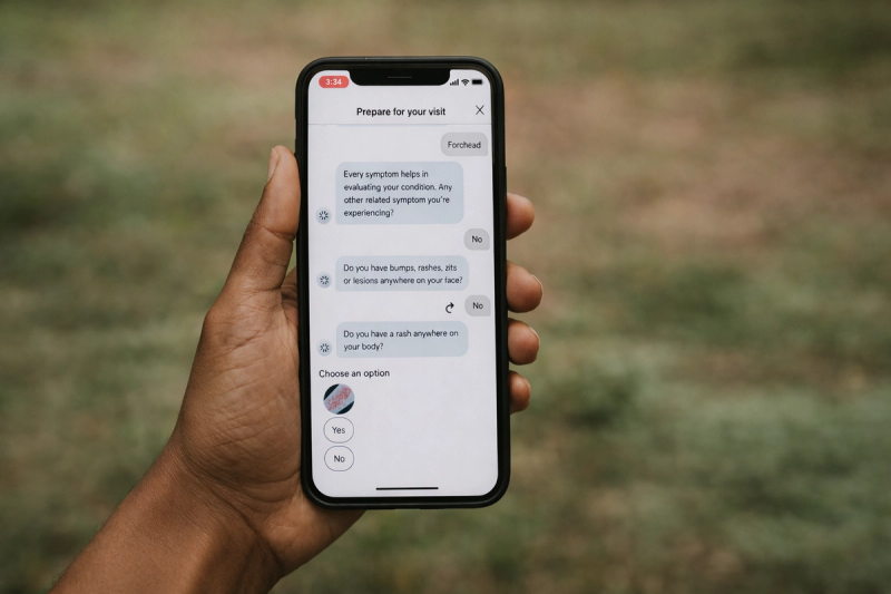 a man holding a phone showing the K Health Symptom Checker