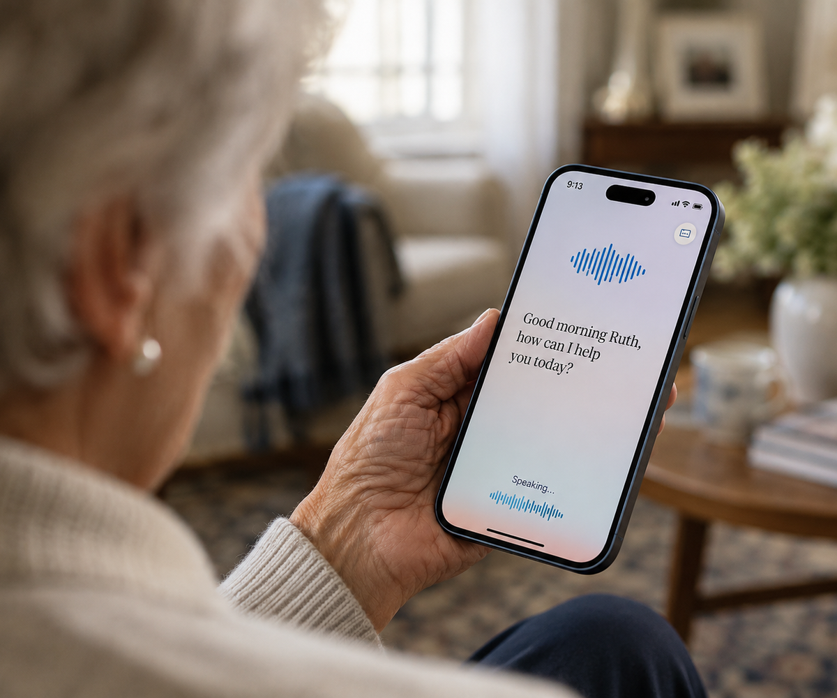 an elderly woman using her AI care assistant in her home.