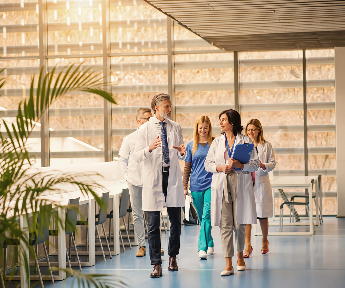 a group of medical professionals walking and talking in sunlit corridor