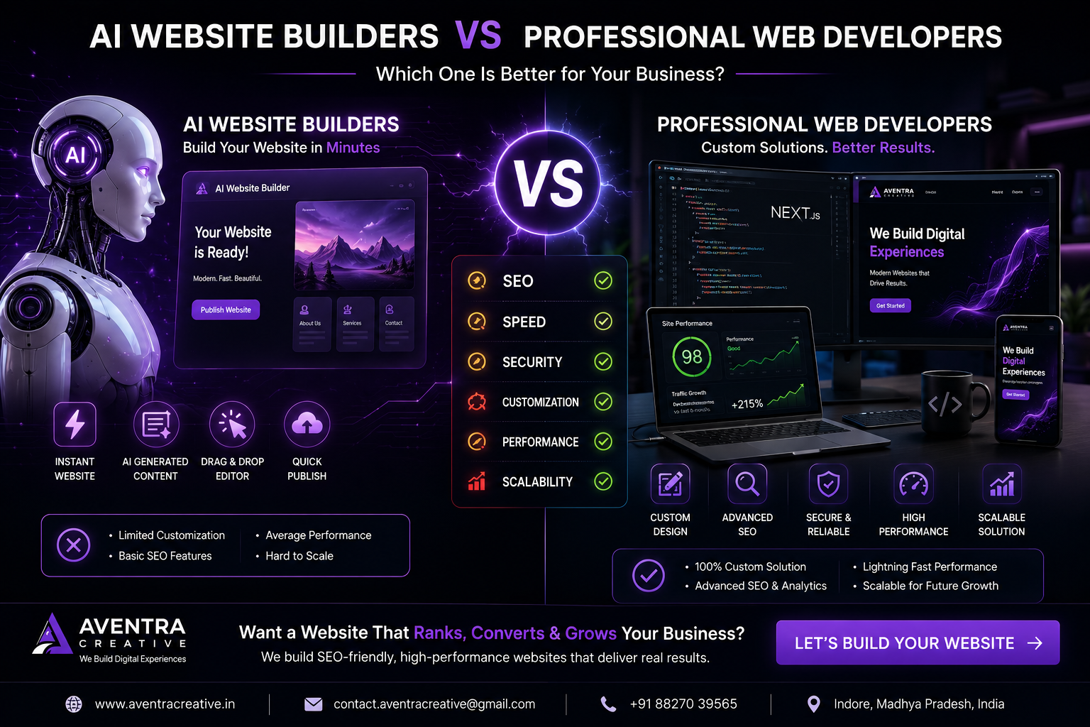 Comparison between AI website builders and professional web development services.