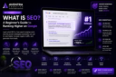 SEO optimization illustration showing Google rankings, keyword analysis, and website growth.