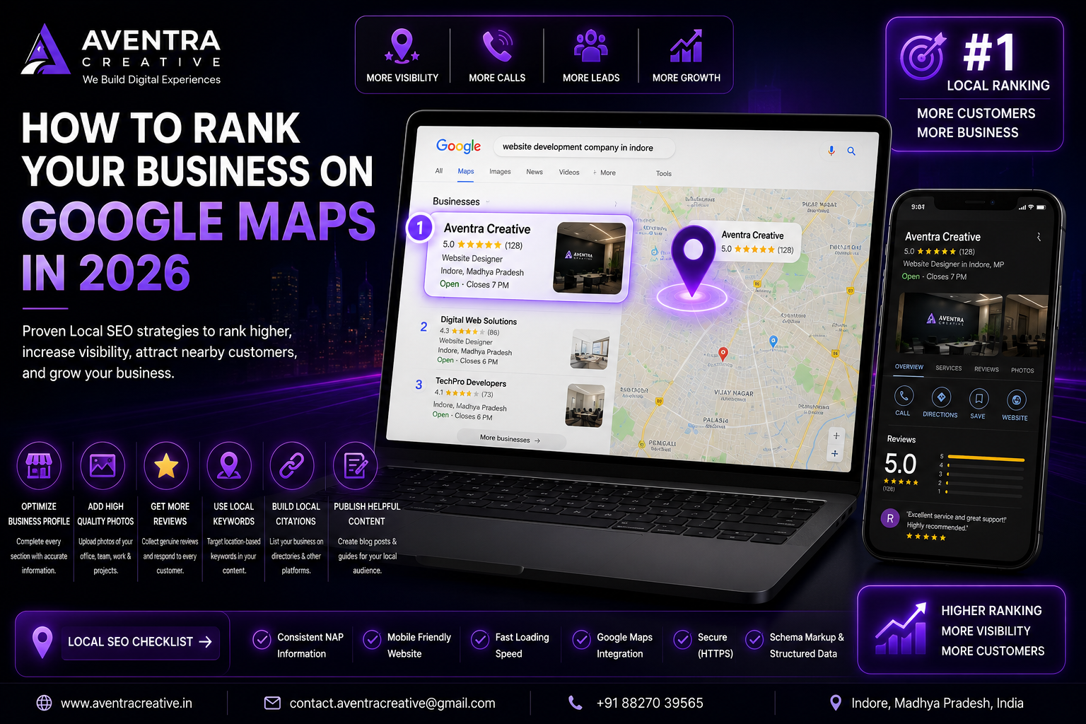 Google Maps Local SEO illustration showing a business ranking first in local search results.