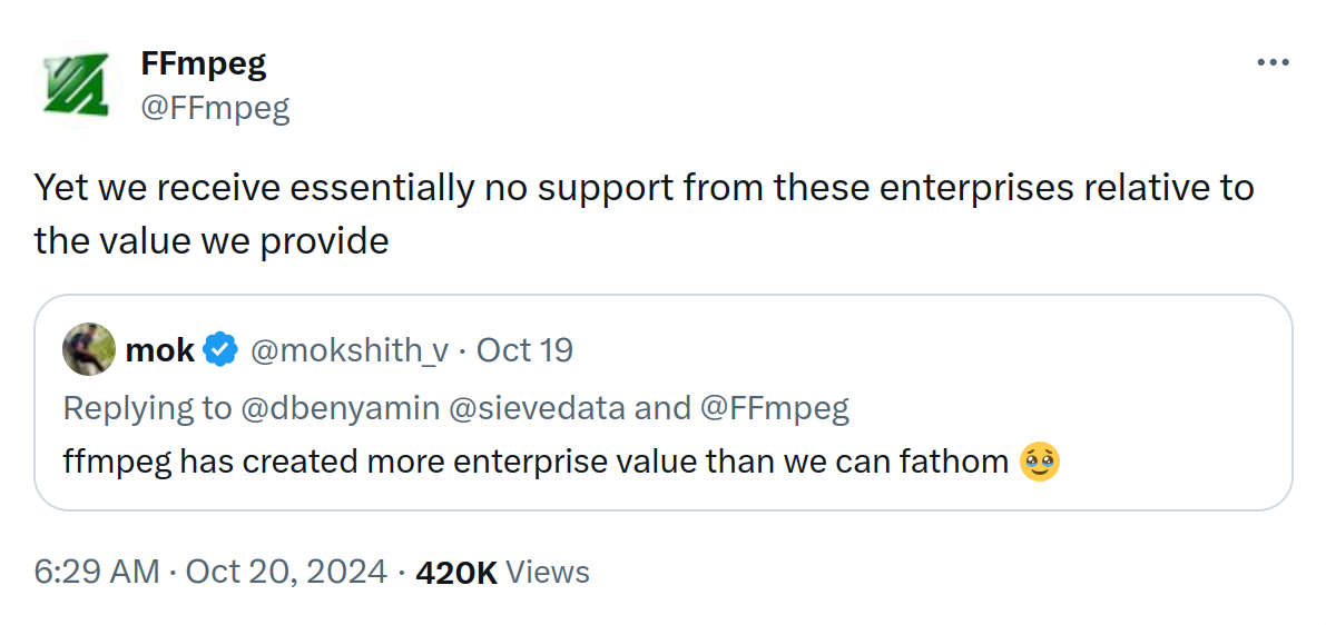 @mok says “ffmpeg has created more enterprise value than we can fathon”. @FFmpeg says “Yet we receive essentially no support from these enterprises relative to the value we provide”.