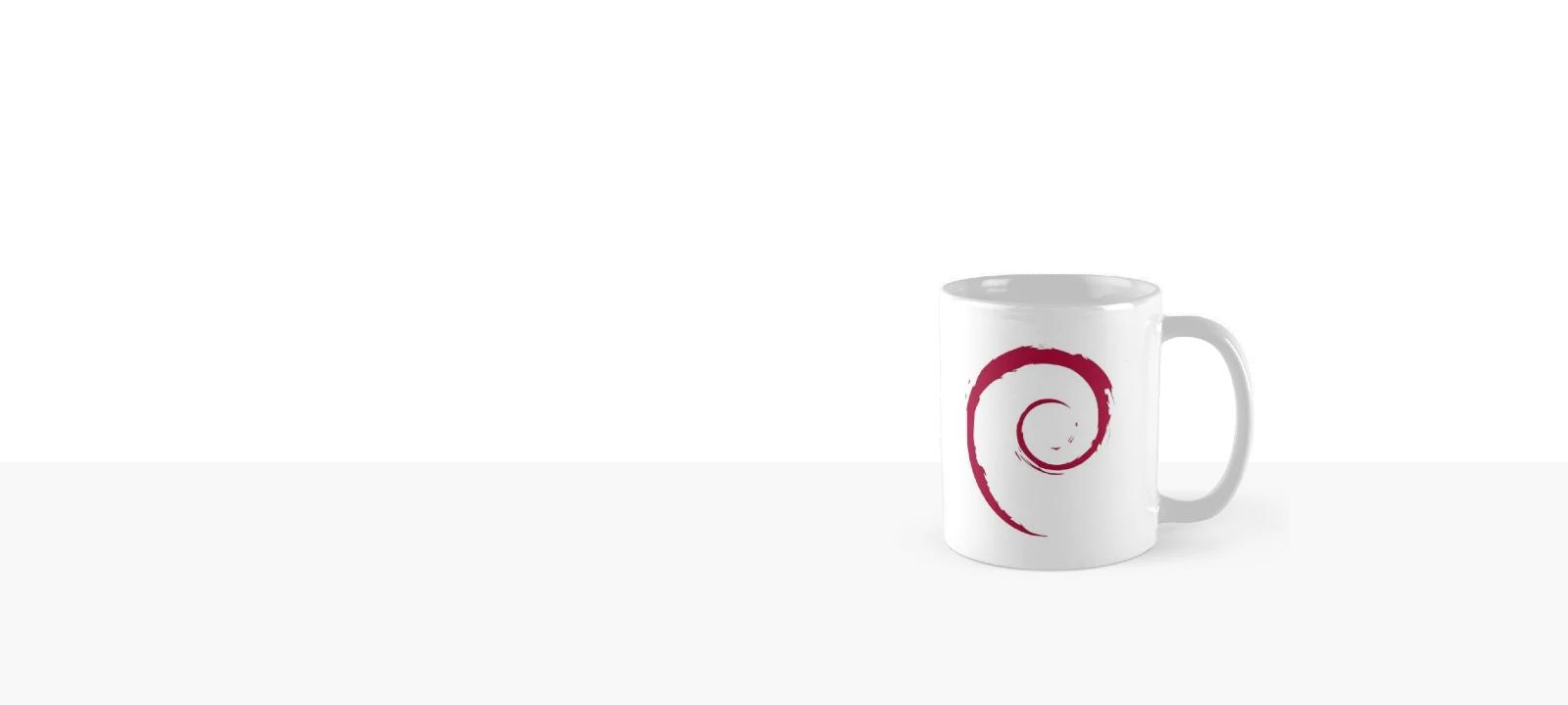 a coffee mug with the Debian logo on it