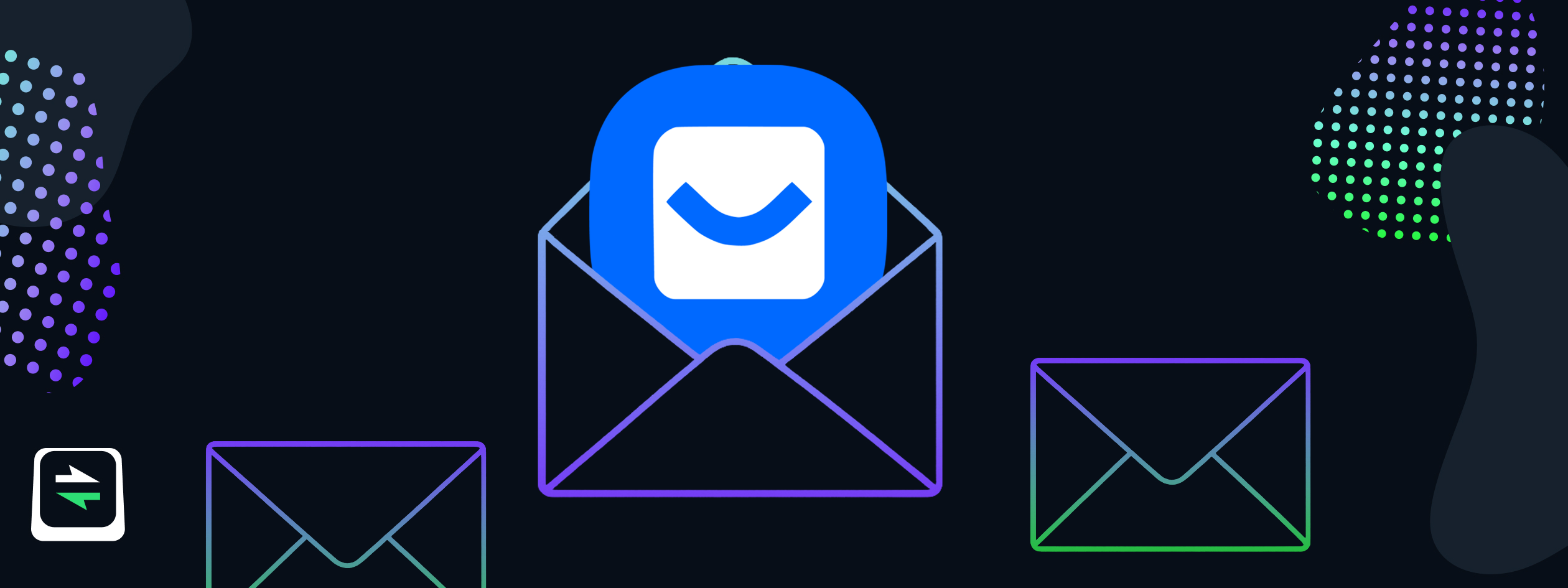 The Buttondown logo emerging from an open envelope among multiple envelopes