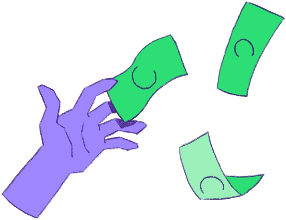 A hand reaching out for dollar bills which are getting swept away by the wind