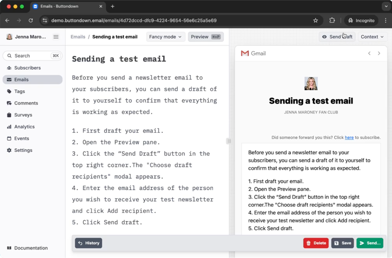 A screenshot of the Buttondown interface