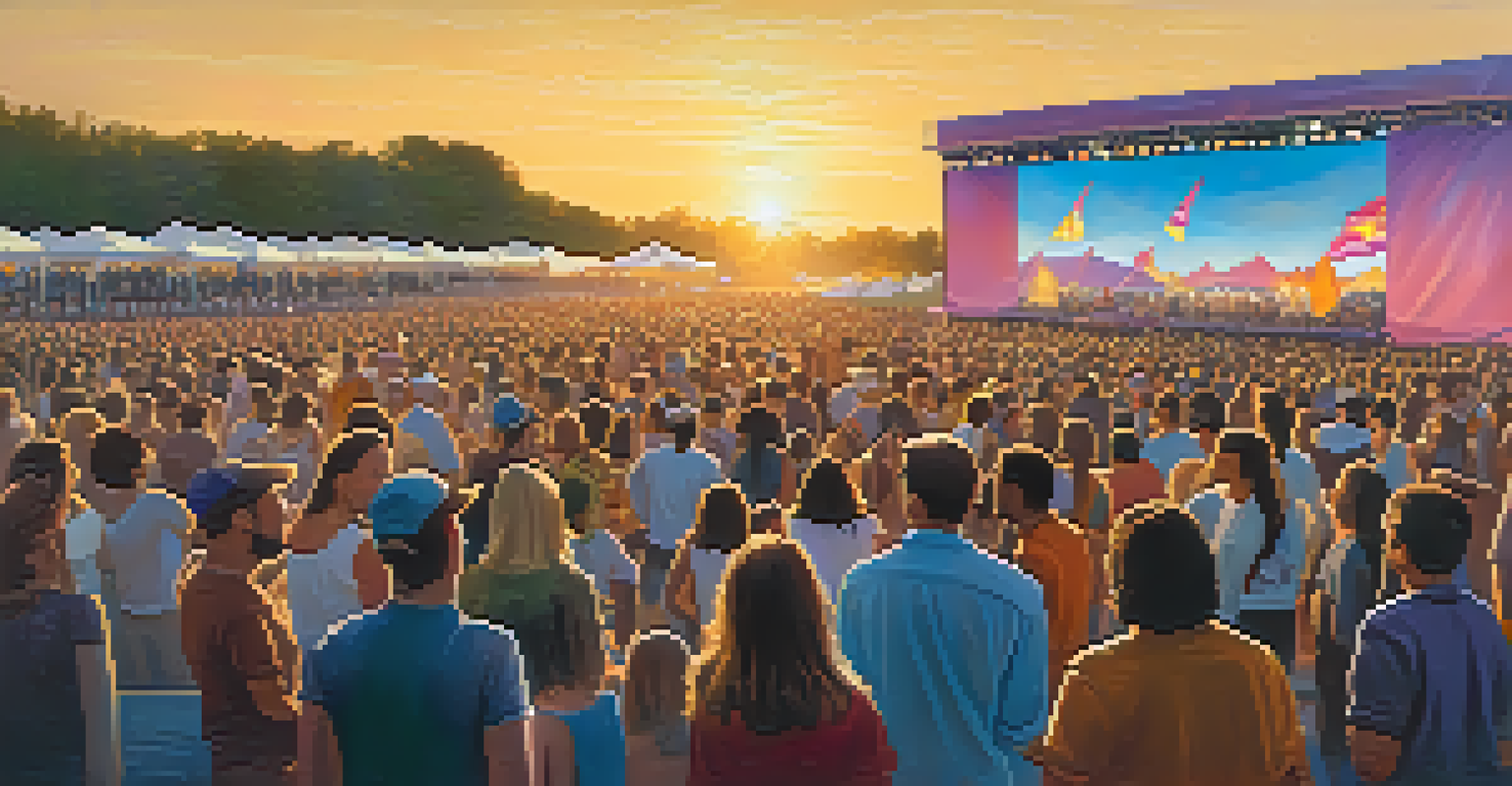 A vibrant outdoor music festival with a crowd in front of a stage, colorful banners, and a sunset casting a golden glow.