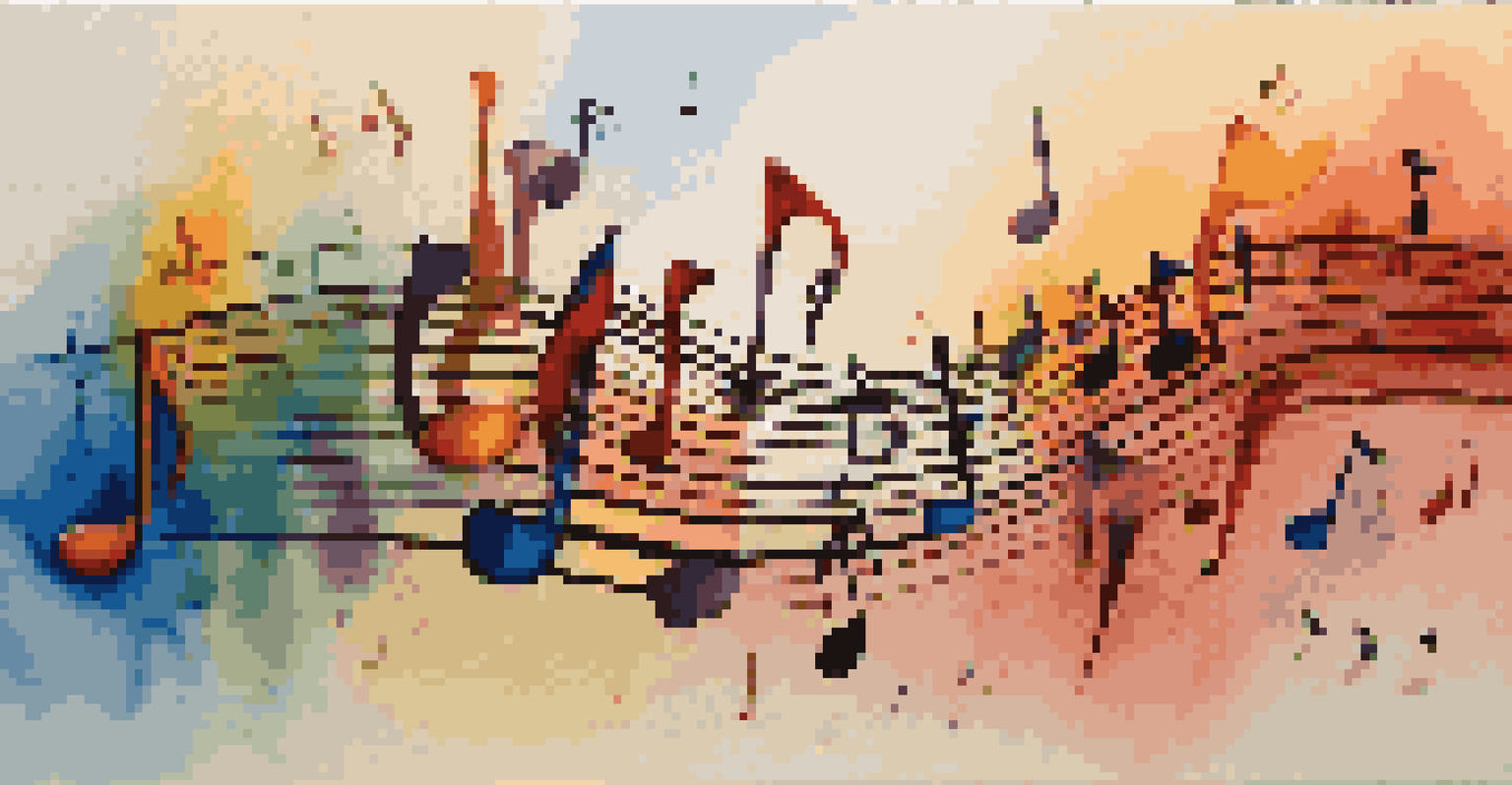 An abstract art piece representing musical harmony with colorful shapes and notes flowing together over a gradient background of soothing colors.