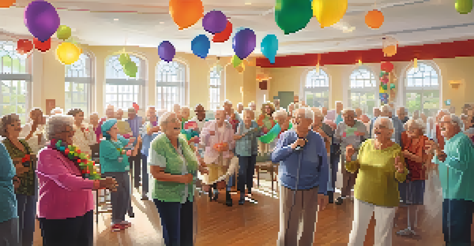 Seniors joyfully participating in a group singing session at a community center.