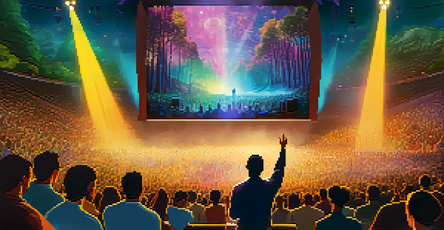 An artist performing on stage with nature visuals behind, while an engaged audience holds signs for environmental advocacy, illuminated by colorful lights.