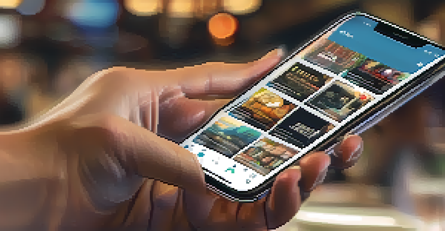 A close-up of a hand holding a smartphone displaying a music streaming app with a playlist of indie artists in a lively café setting.