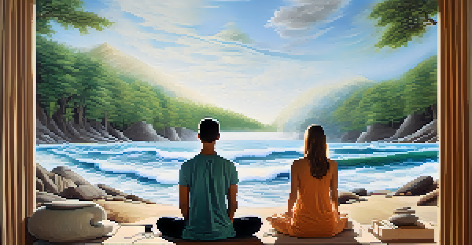 A split-screen illustration showing a person meditating with nature sounds on one side and visual representations of sound therapy on the other, in calming colors.
