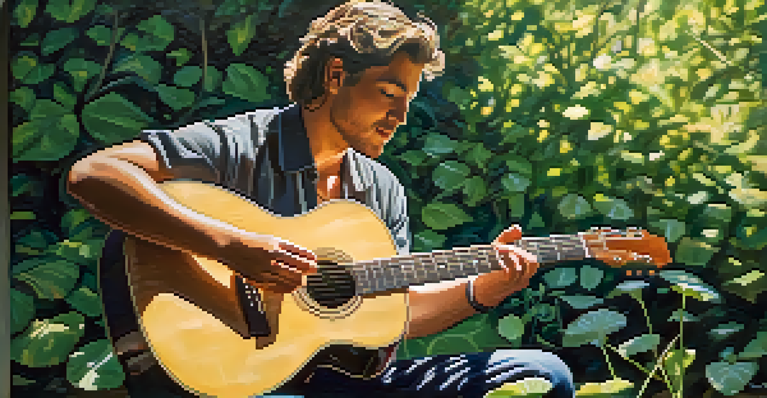 A musician playing an acoustic guitar in a lush green outdoor setting, symbolizing the connection between music and environmental advocacy.