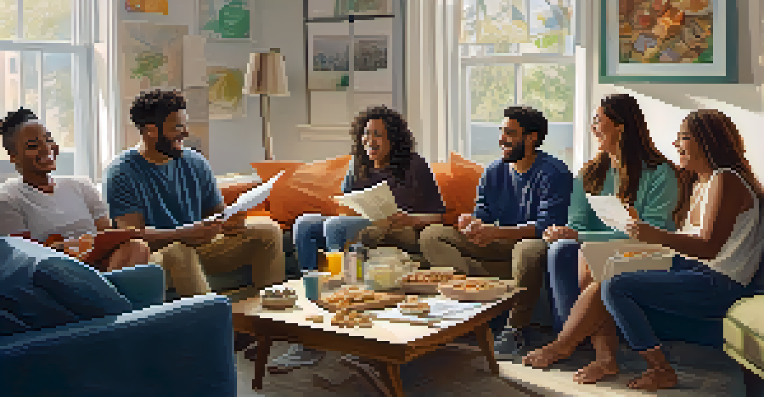 A group of friends practicing together in a cozy living room, sharing notes and laughter in a supportive environment.