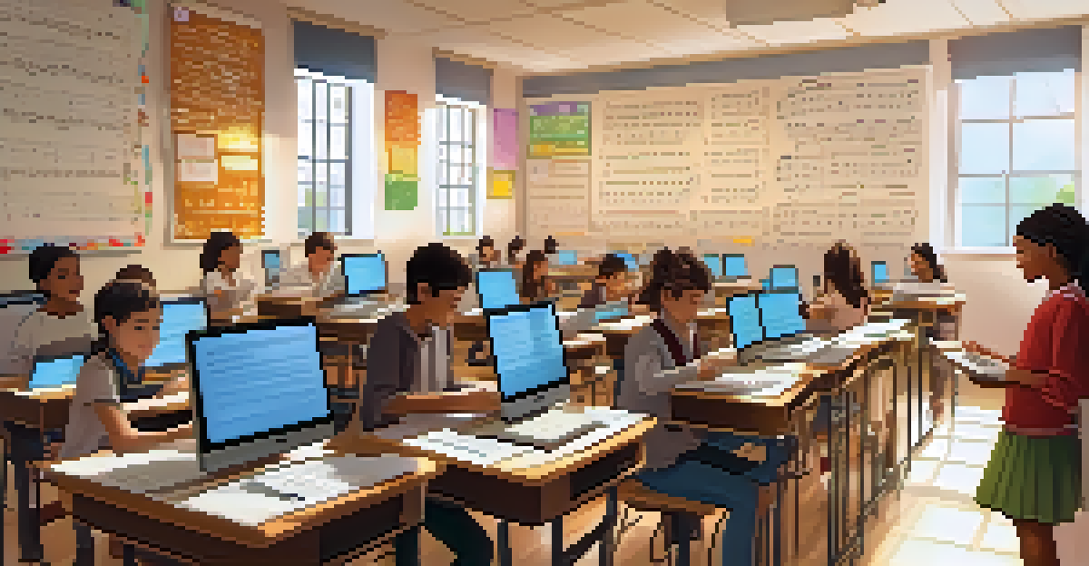 A classroom with students using digital notation software on laptops, guided by a teacher in a lively atmosphere.