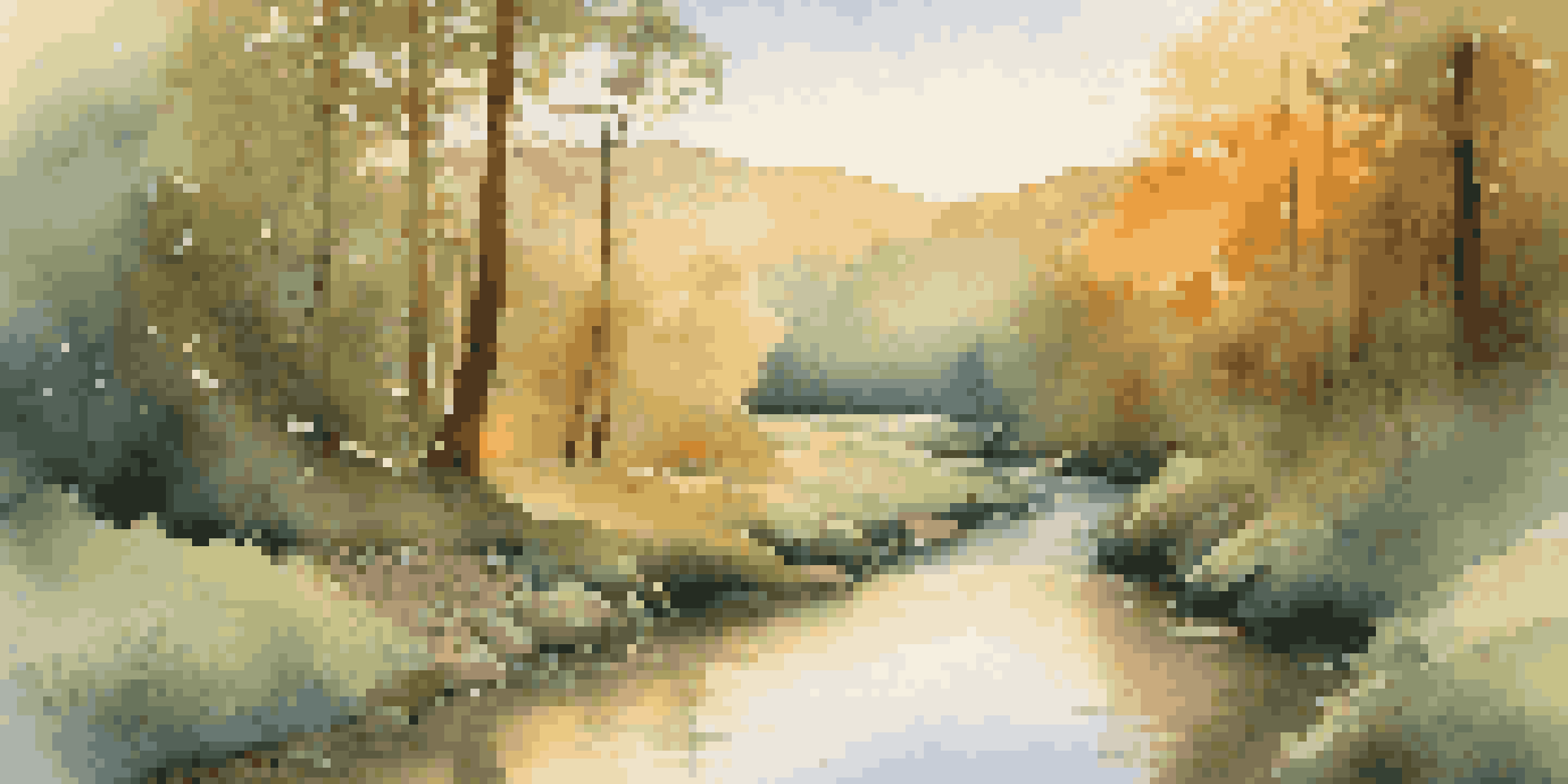 A tranquil forest scene with sunlight filtering through leaves, a gentle stream in the foreground, and distant mountains, creating a peaceful atmosphere.