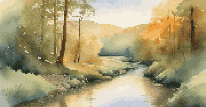 A tranquil forest scene with sunlight filtering through leaves, a gentle stream in the foreground, and distant mountains, creating a peaceful atmosphere.