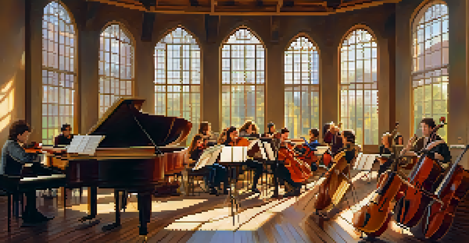 A lively Renaissance music workshop with composers writing music and surrounded by string instruments and sunlight.