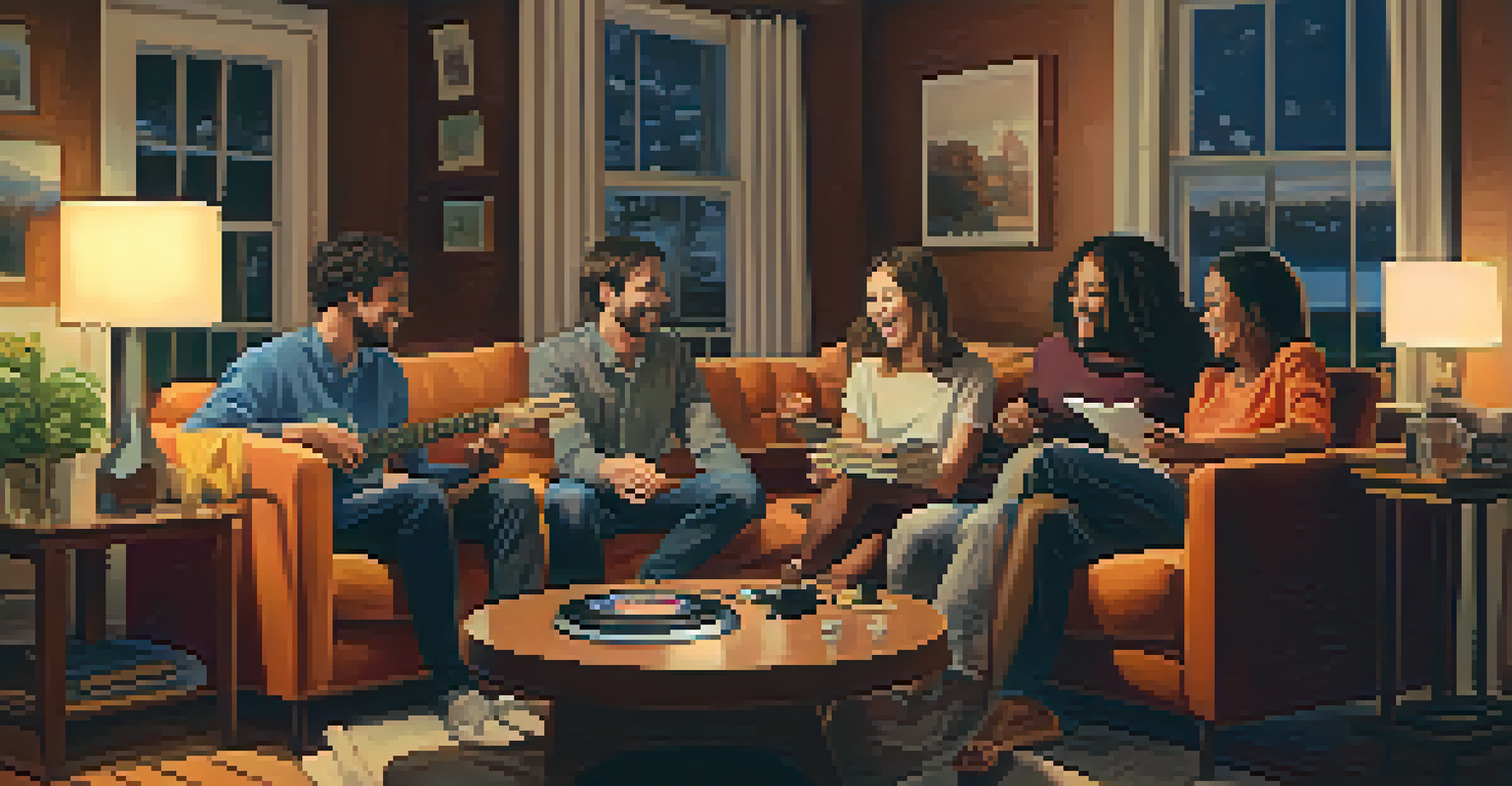 A group of friends sharing music in a cozy living room, with a vinyl record player and warm lighting.