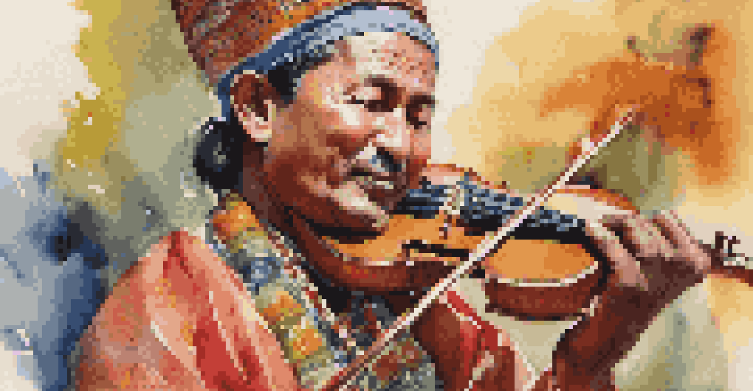 A traditional musician in vibrant attire playing a string instrument at a cultural festival, with an audience in the background.