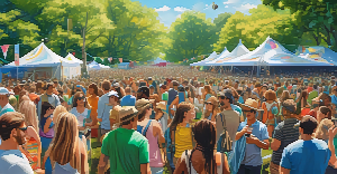 A lively music festival with a diverse audience enjoying performances, surrounded by greenery and colorful banners promoting sustainability.