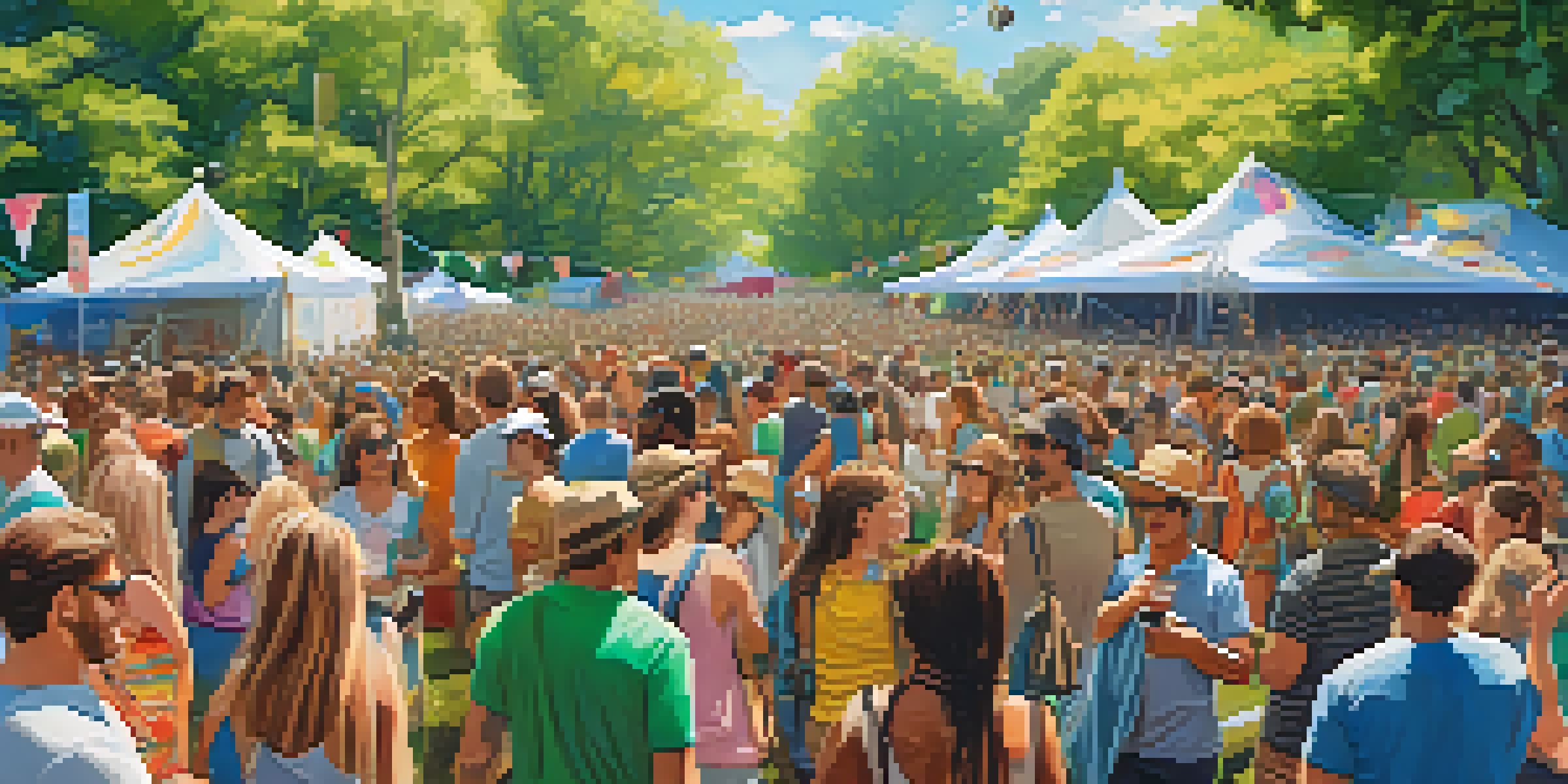 A lively music festival with a diverse audience enjoying performances, surrounded by greenery and colorful banners promoting sustainability.