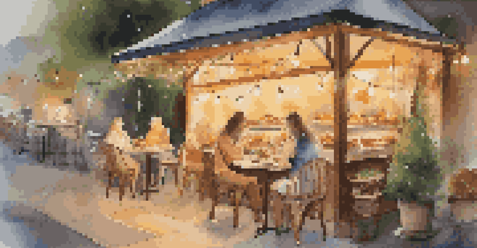 A cozy outdoor cafe with pastries and coffee, decorated with fairy lights and surrounded by plants.