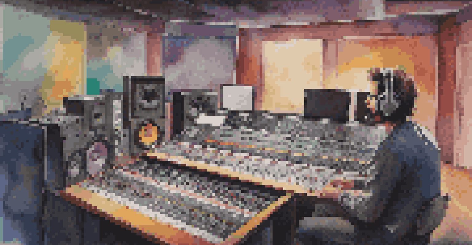 A musician in a recording studio, adjusting audio levels on a mixing board.