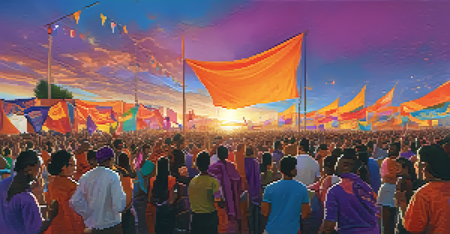 Diverse crowd at an outdoor music festival supporting refugee issues, with colorful banners and a sunset background.