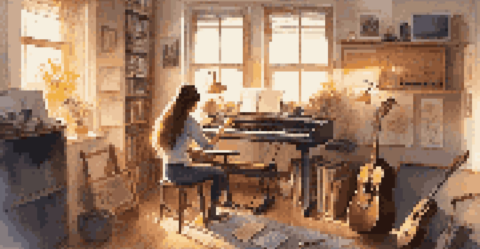 An artist in a home studio playing guitar, surrounded by sheet music and a laptop with streaming dashboard, illuminated by sunlight.