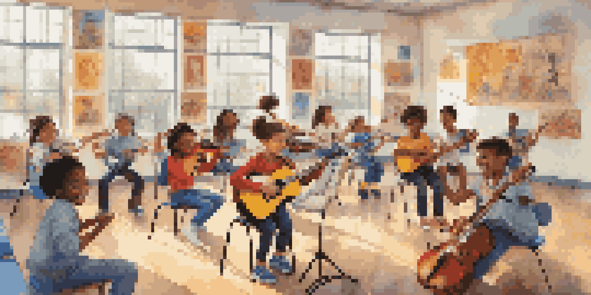 A cheerful classroom filled with young students learning music, surrounded by instruments and colorful decorations.