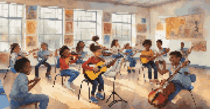 A cheerful classroom filled with young students learning music, surrounded by instruments and colorful decorations.