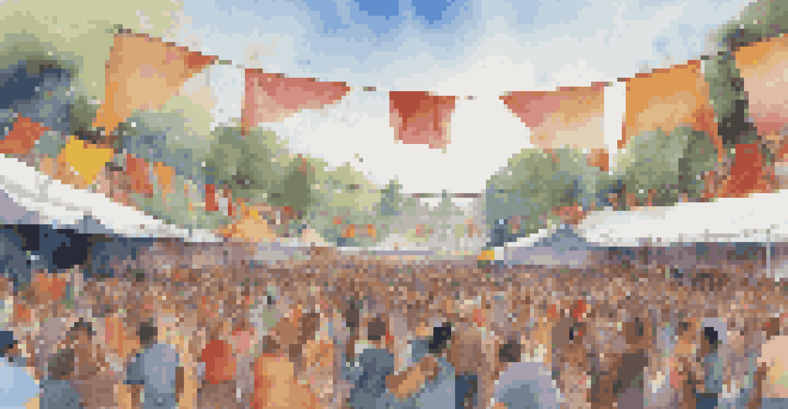An outdoor music festival with a diverse crowd enjoying performances, colorful banners, and food stalls in the background.