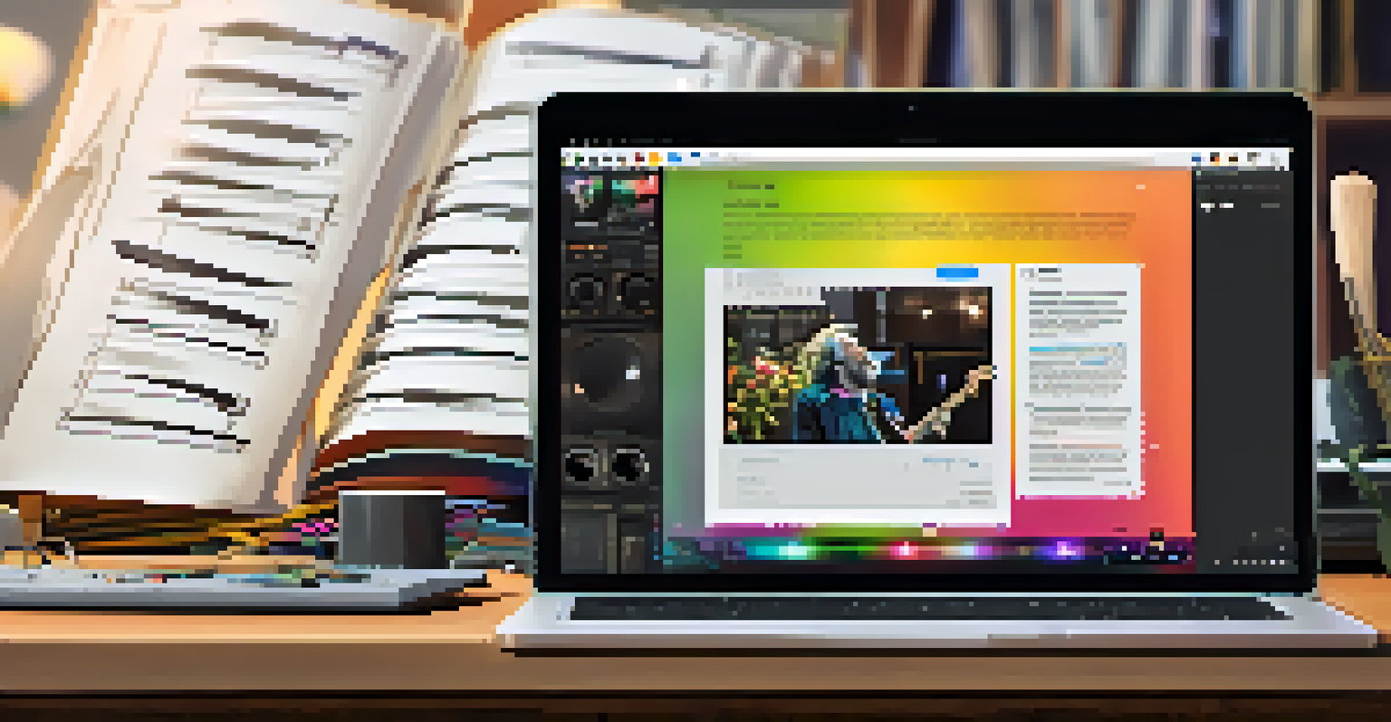 Laptop screen showing a collaborative songwriting app with colorful notes, in a cozy home office setting.