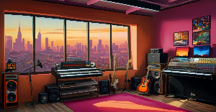 A lively music studio with colorful instruments, sound equipment, and artwork, illuminated by sunset light.