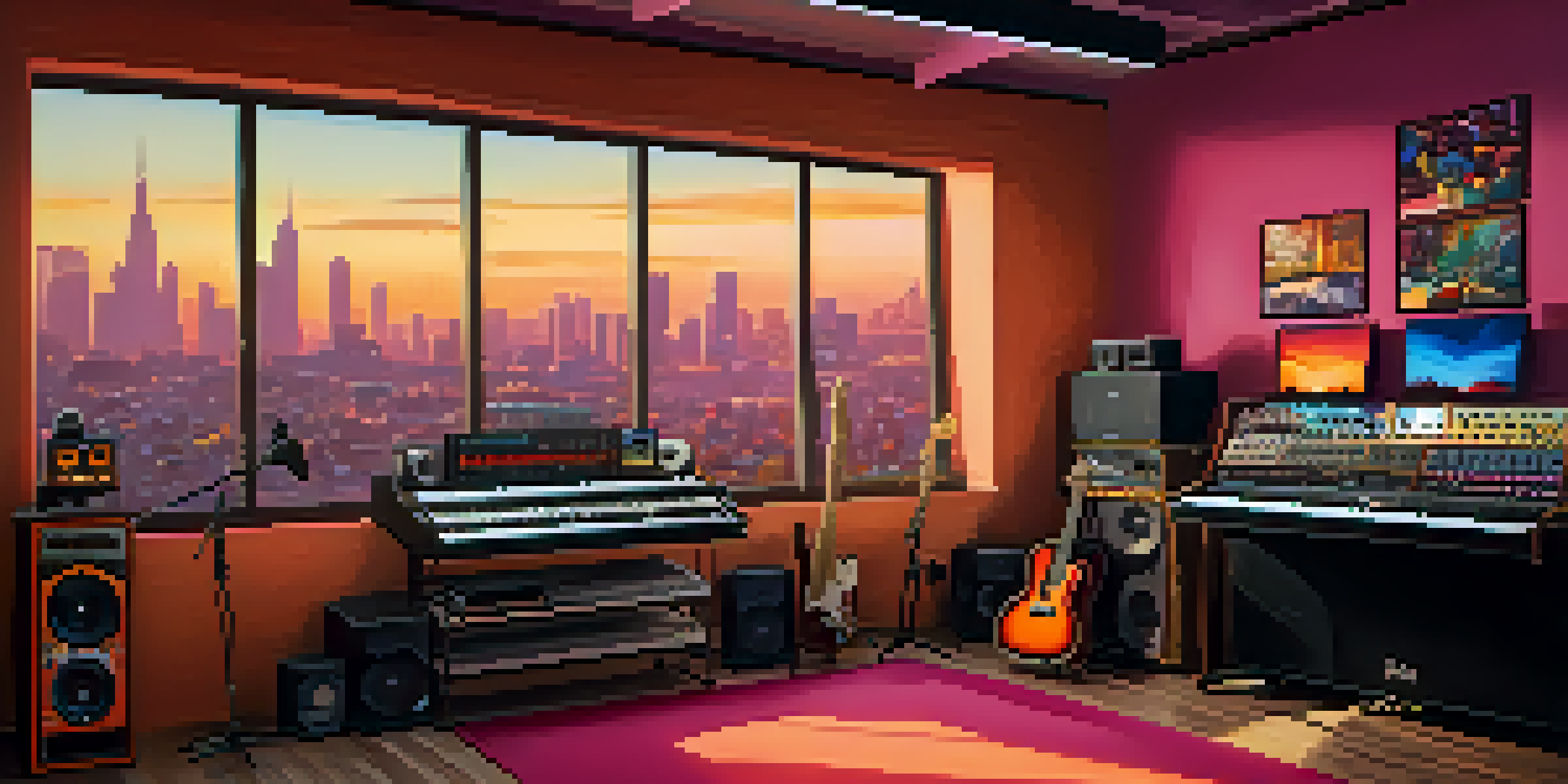 A lively music studio with colorful instruments, sound equipment, and artwork, illuminated by sunset light.