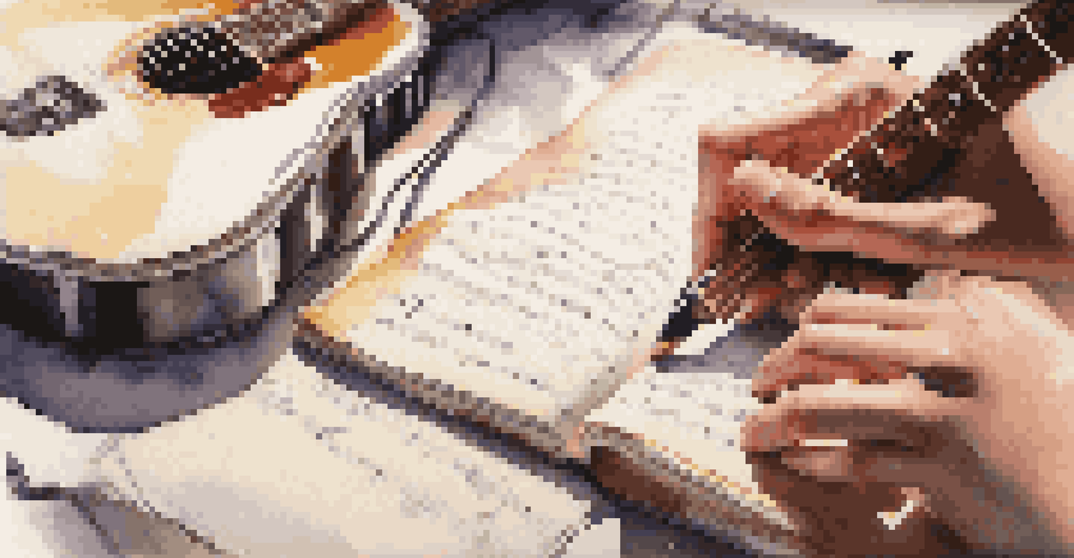 A teenager writing lyrics in a notebook, with a guitar beside them in a warmly lit room.