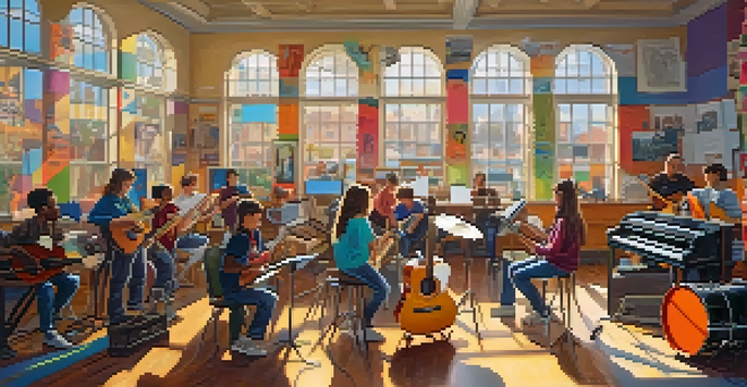 A lively classroom with students collaborating on a music project, surrounded by musical instruments and bright sunlight.