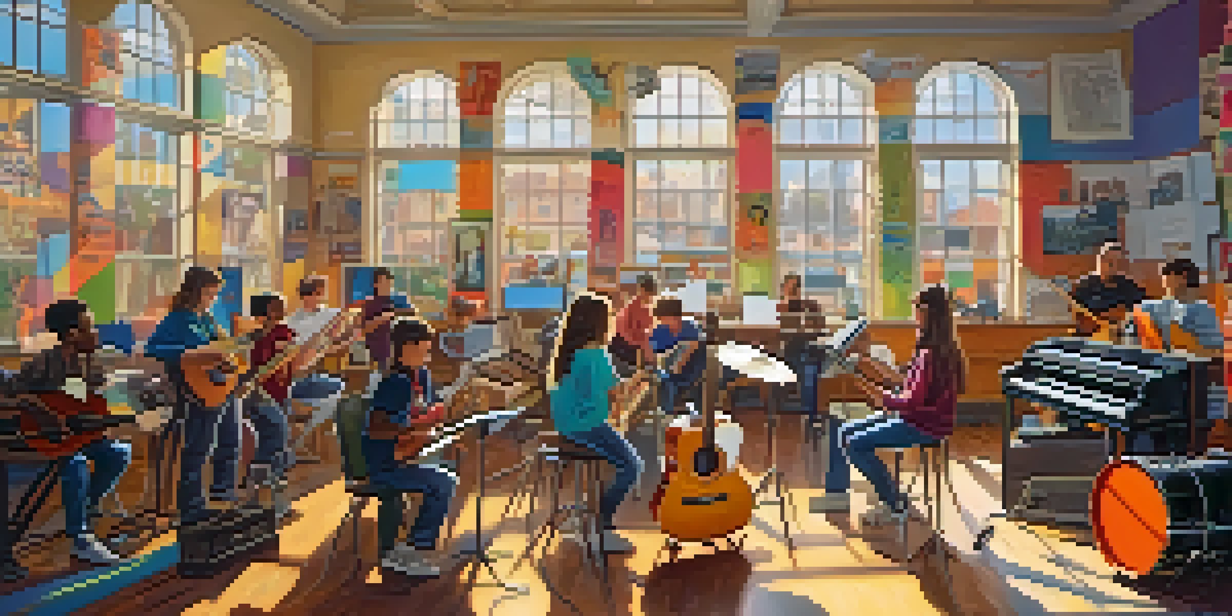 A lively classroom with students collaborating on a music project, surrounded by musical instruments and bright sunlight.