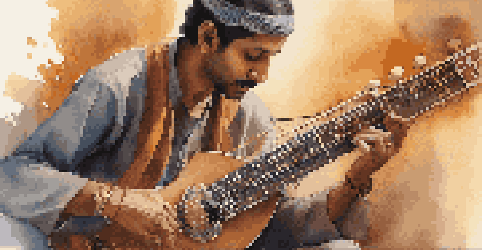 A close-up of a musician playing a sitar in a modern environment, showcasing the instrument's craftsmanship and the musician's expression, with warm lighting.