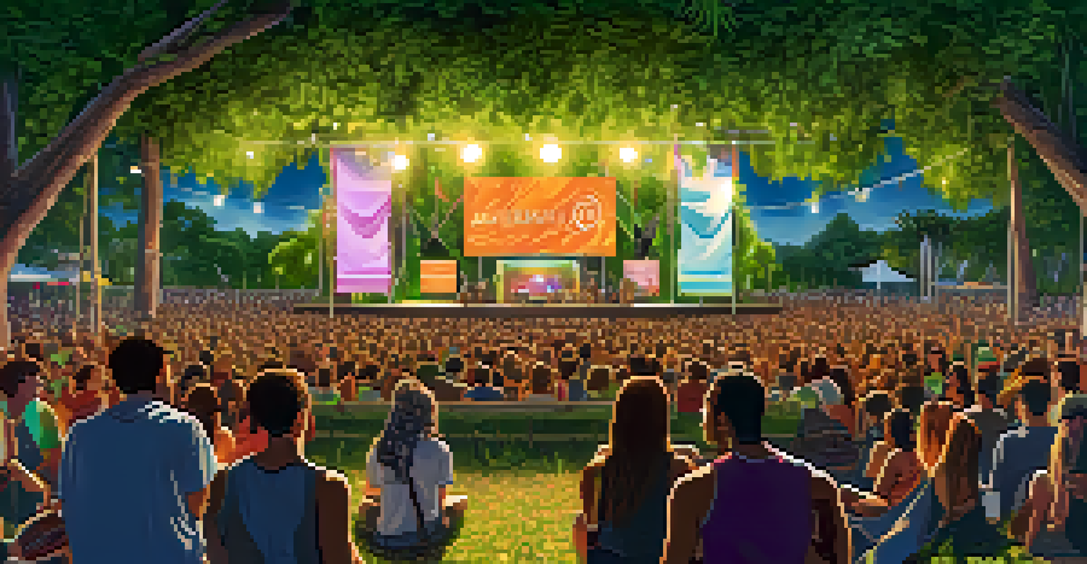 A DJ performing at an eco-friendly music festival with a recycled booth and an audience enjoying the show in a green setting.