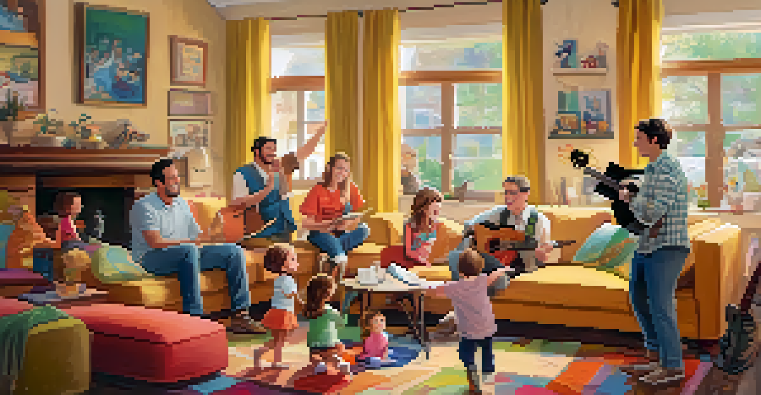 A happy family enjoying a sing-along session in a colorful living room.